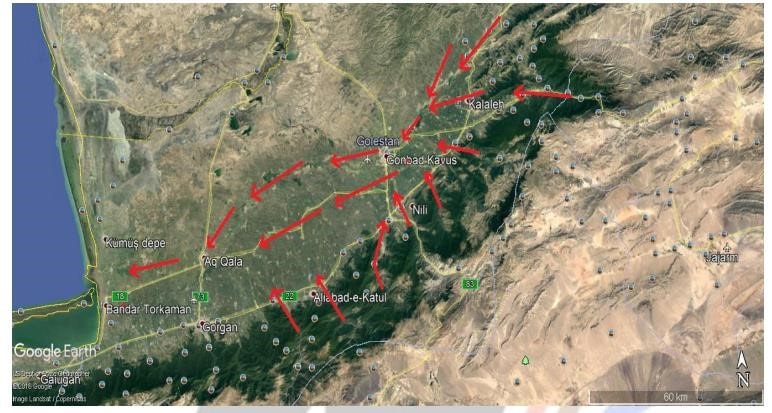 روند توپوگرافی منطقه استان گلستان و موقعیت رودهای بزرگ در این منطقه