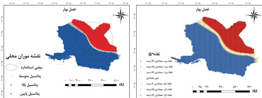 شکل ۳. شرایط خاص موران محلی (راست) و آماره‌ی G (چپ) در فصل بهار