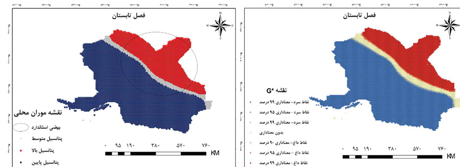 شکل ۴. شرایط خاص موران محلی (راست) و آماره‌ی G (چپ) در فصل تابستان