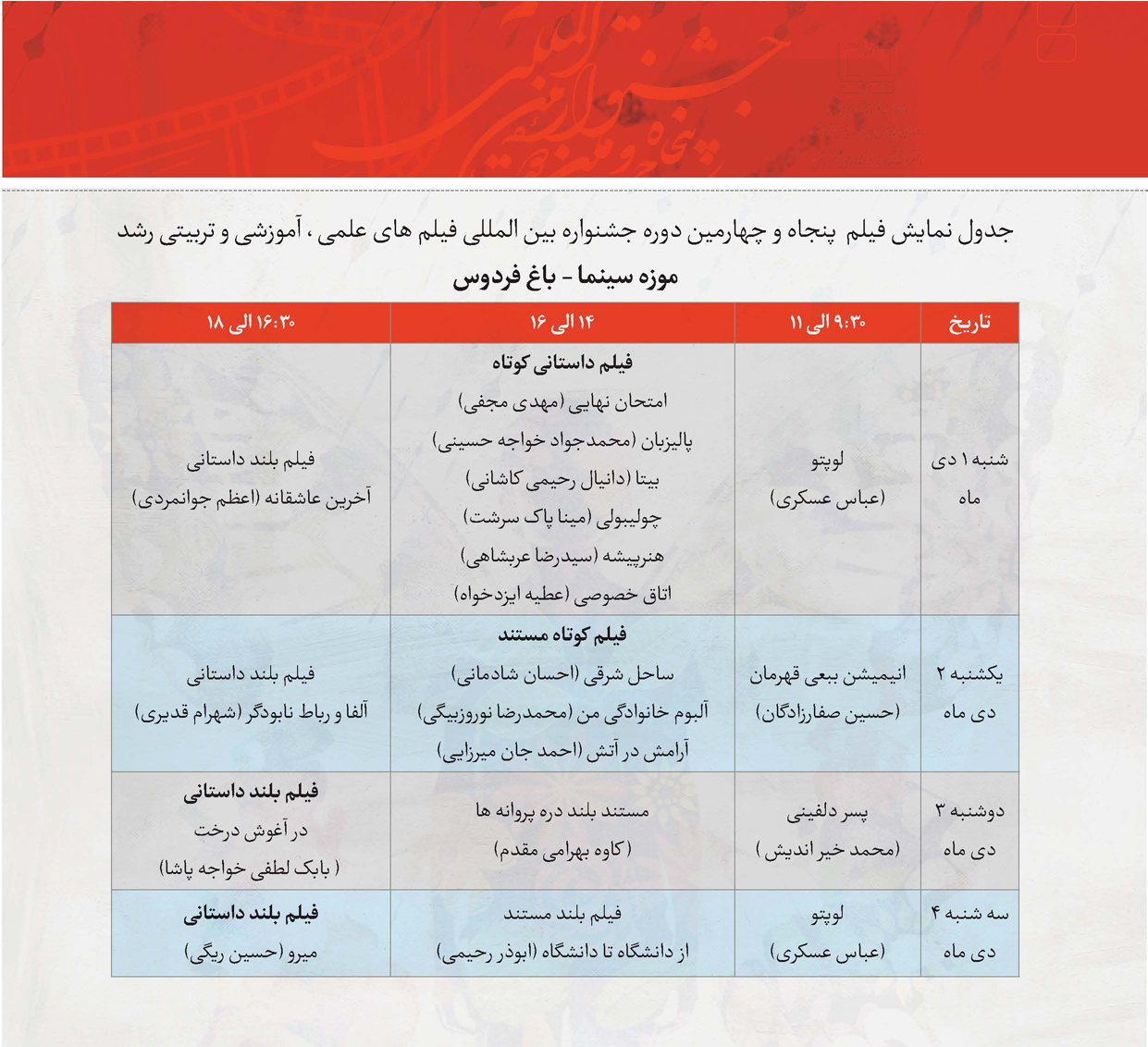 جدول نمایش فیلم‌های پنجاه‌وچهارمین دوره جشنواره فیلم‌ رشد، موزه سینما